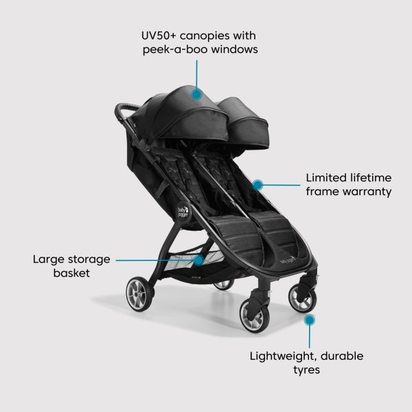 Baby Jogger® City Tour™ 2 Double Travel Stroller | Lightweight, Foldable & Portable Double Stroller | Pitch Black Online Sale