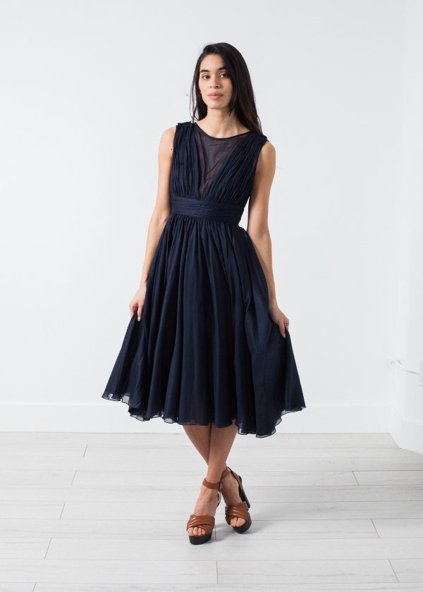 Voile V-Neck Dress in Navy Hot on Sale