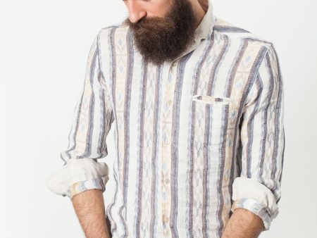 Linen Western Shirt in Beige Blue Online now