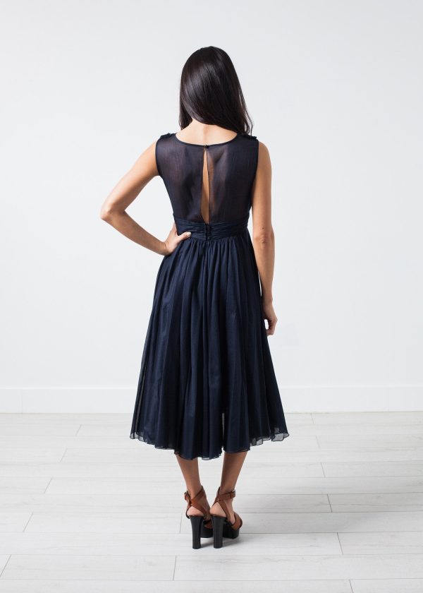 Voile V-Neck Dress in Navy Hot on Sale